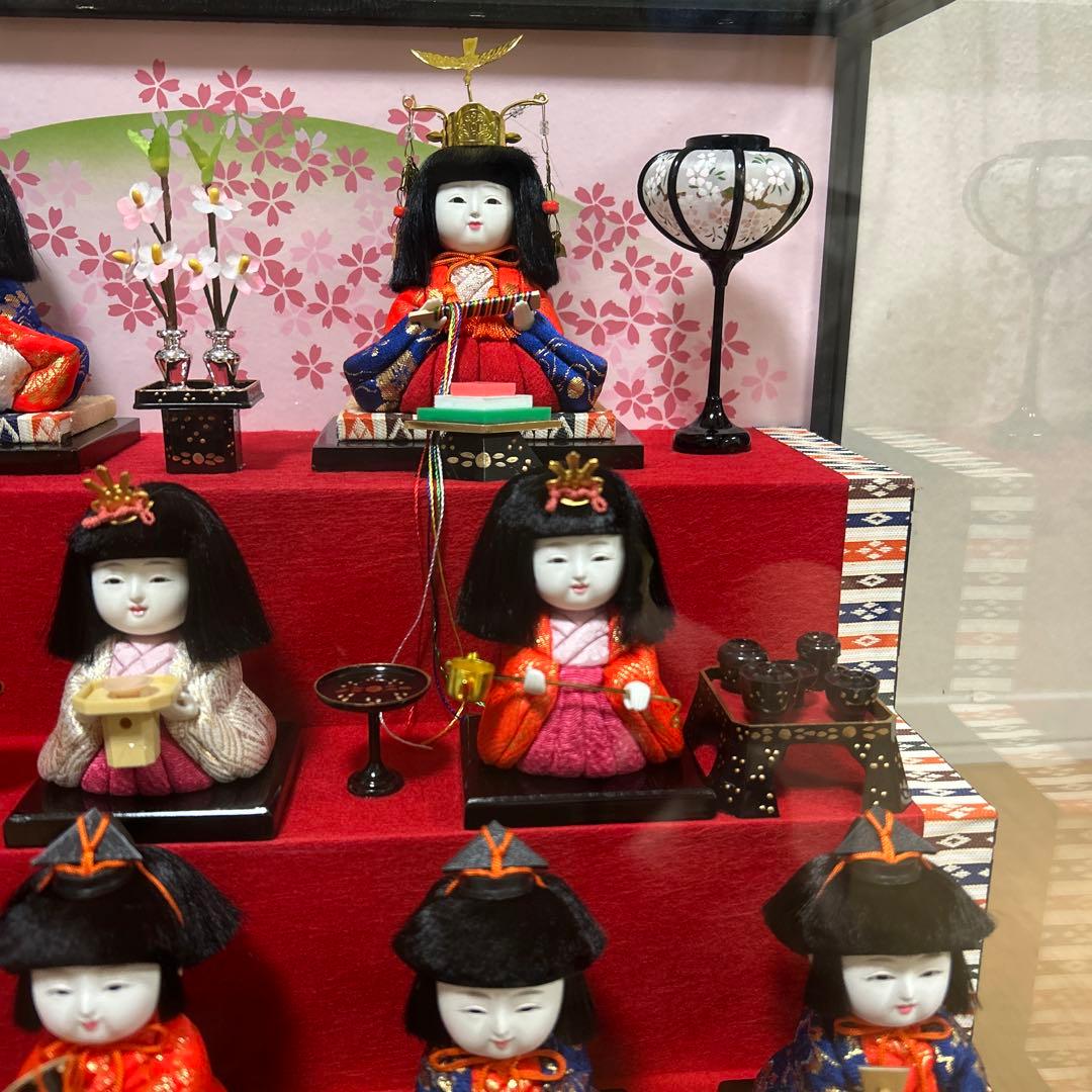 美品　オルゴール付き雛人形　ガラスケース入り　木目込