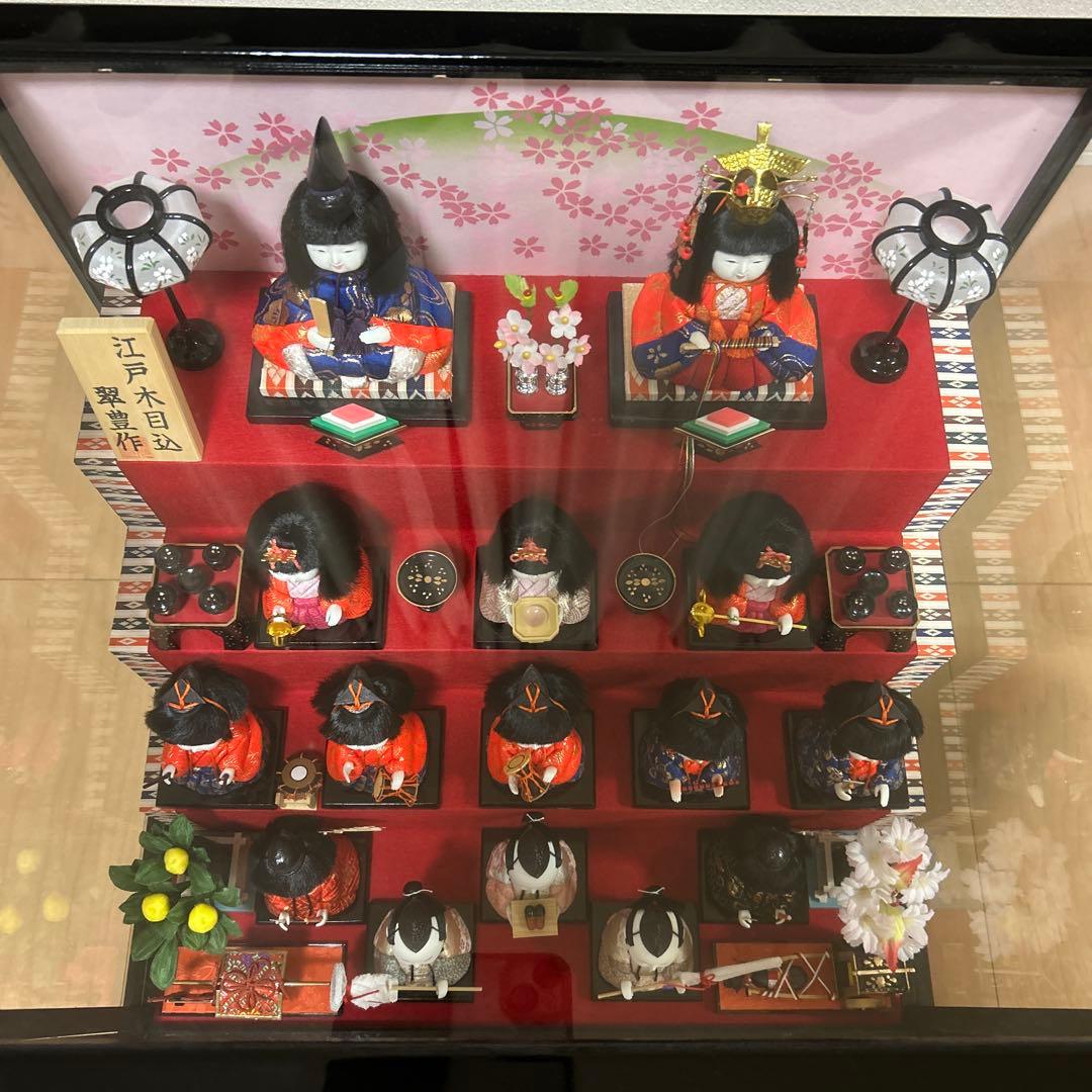 美品　オルゴール付き雛人形　ガラスケース入り　木目込