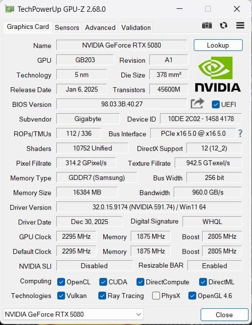 ほぼ新品　GIGABYTE RTX5080 16GB AORUS MASTER