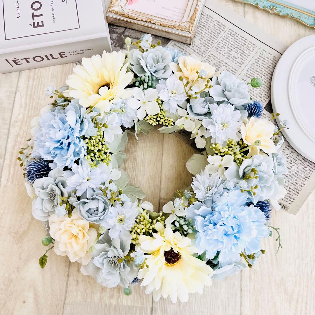 フラワーリース 水色 春 リース アンティーク ブルー ガーベラ ローズ285