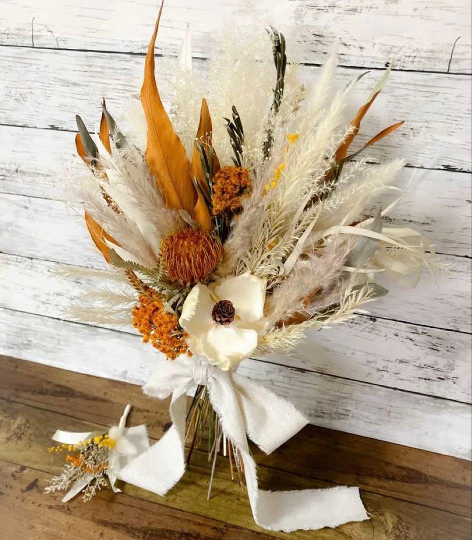 ホワイトキャメル ドライフラワー　ナチュラル 韓国　前撮り ウェディングブーケ