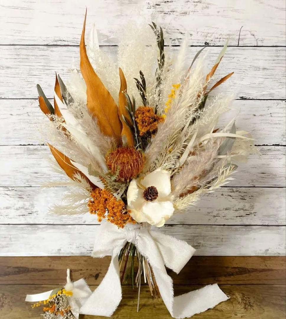ホワイトキャメル ドライフラワー　ナチュラル 韓国　前撮り ウェディングブーケ