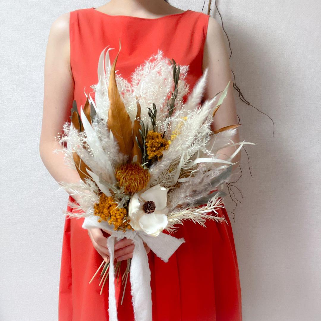 ホワイトキャメル ドライフラワー　ナチュラル 韓国　前撮り ウェディングブーケ
