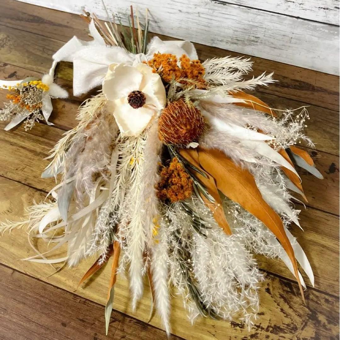 ホワイトキャメル ドライフラワー　ナチュラル 韓国　前撮り ウェディングブーケ