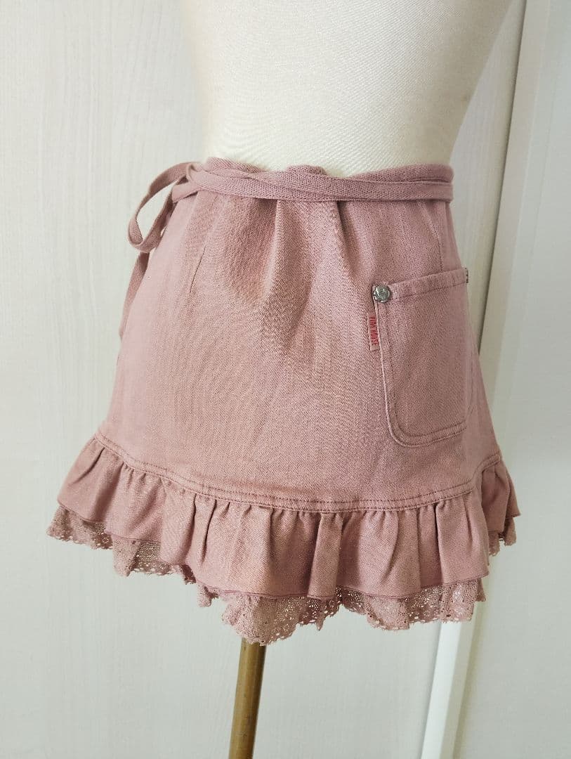 ピンクハウス くすみピンク エプロン 巻きスカート風 バラ刺繍 レース フリル