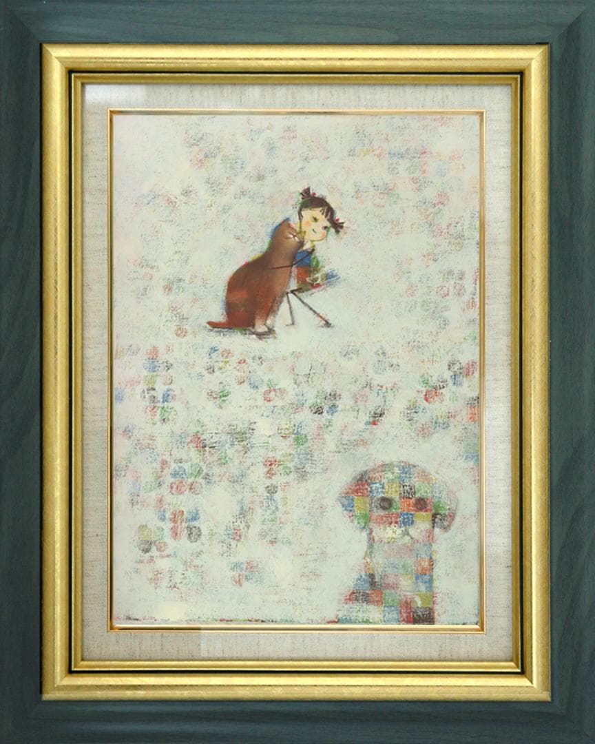 油絵 菅家令子 絵 絵画インテリア額付(銀) F4-072419 子猫犬 女の子