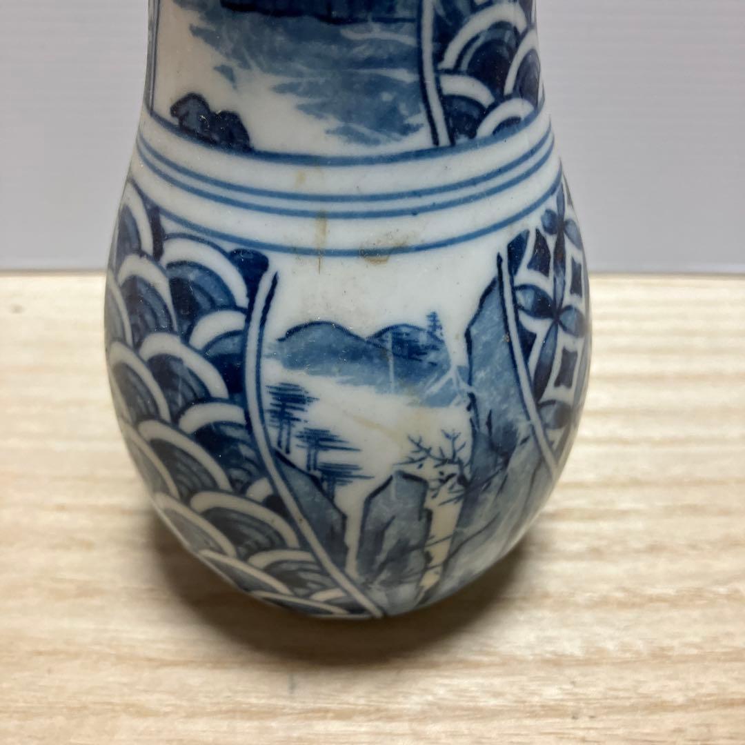 D-壁 九谷焼 染付 一輪挿し 花瓶 徳利型 楼閣山水 幾何学文様 骨董 古美術