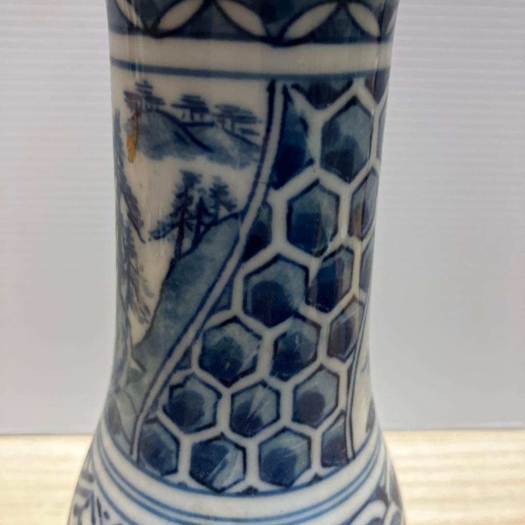 D-壁 九谷焼 染付 一輪挿し 花瓶 徳利型 楼閣山水 幾何学文様 骨董 古美術