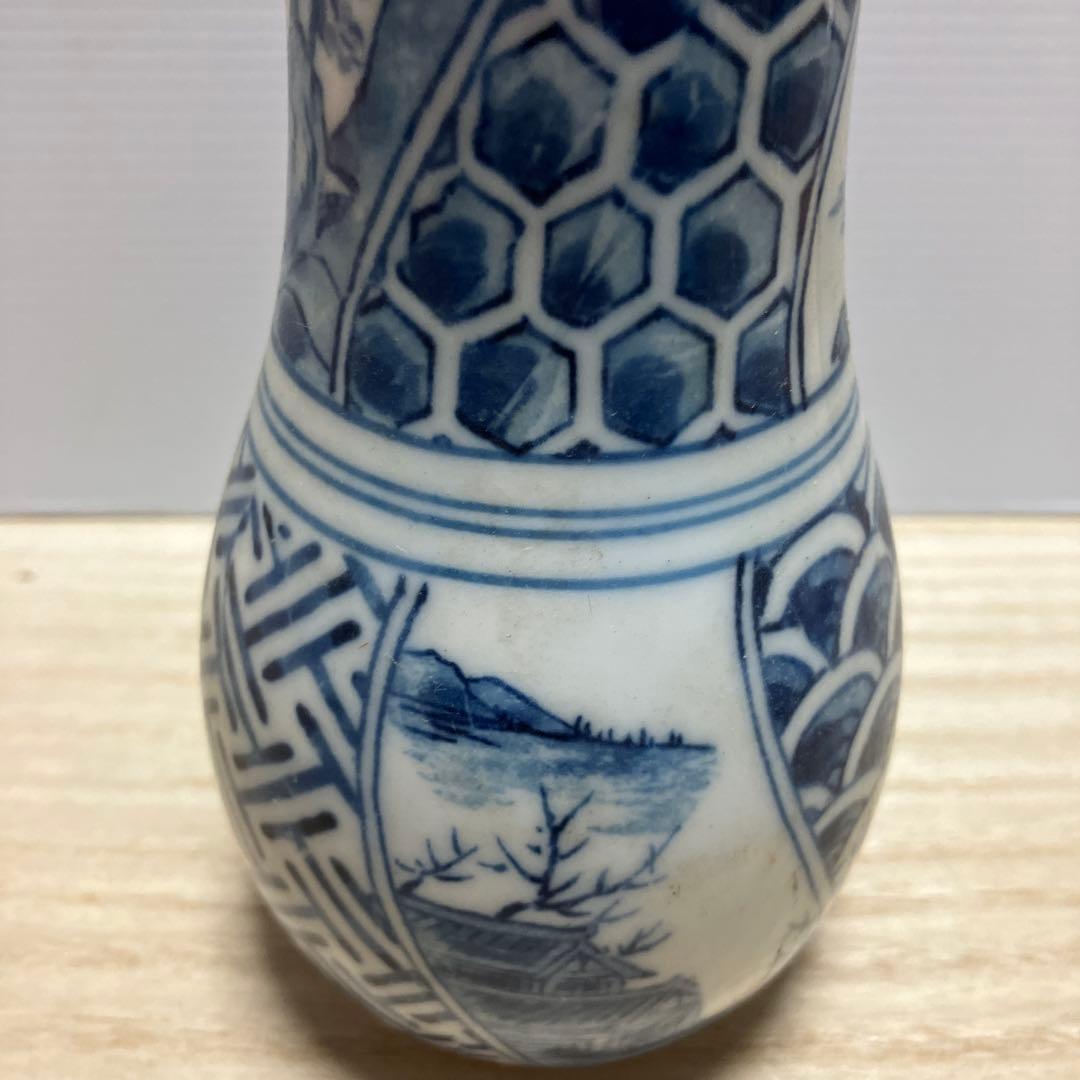 D-壁 九谷焼 染付 一輪挿し 花瓶 徳利型 楼閣山水 幾何学文様 骨董 古美術