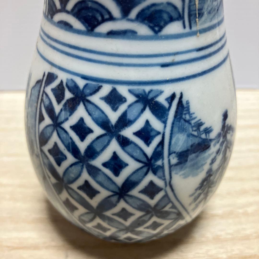 D-壁 九谷焼 染付 一輪挿し 花瓶 徳利型 楼閣山水 幾何学文様 骨董 古美術