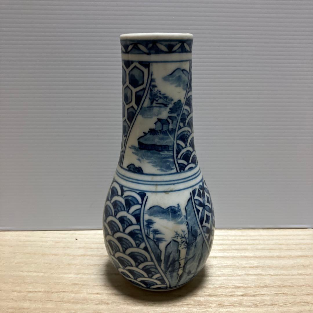 D-壁 九谷焼 染付 一輪挿し 花瓶 徳利型 楼閣山水 幾何学文様 骨董 古美術