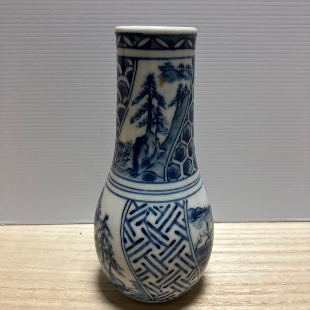 D-壁 九谷焼 染付 一輪挿し 花瓶 徳利型 楼閣山水 幾何学文様 骨董 古美術