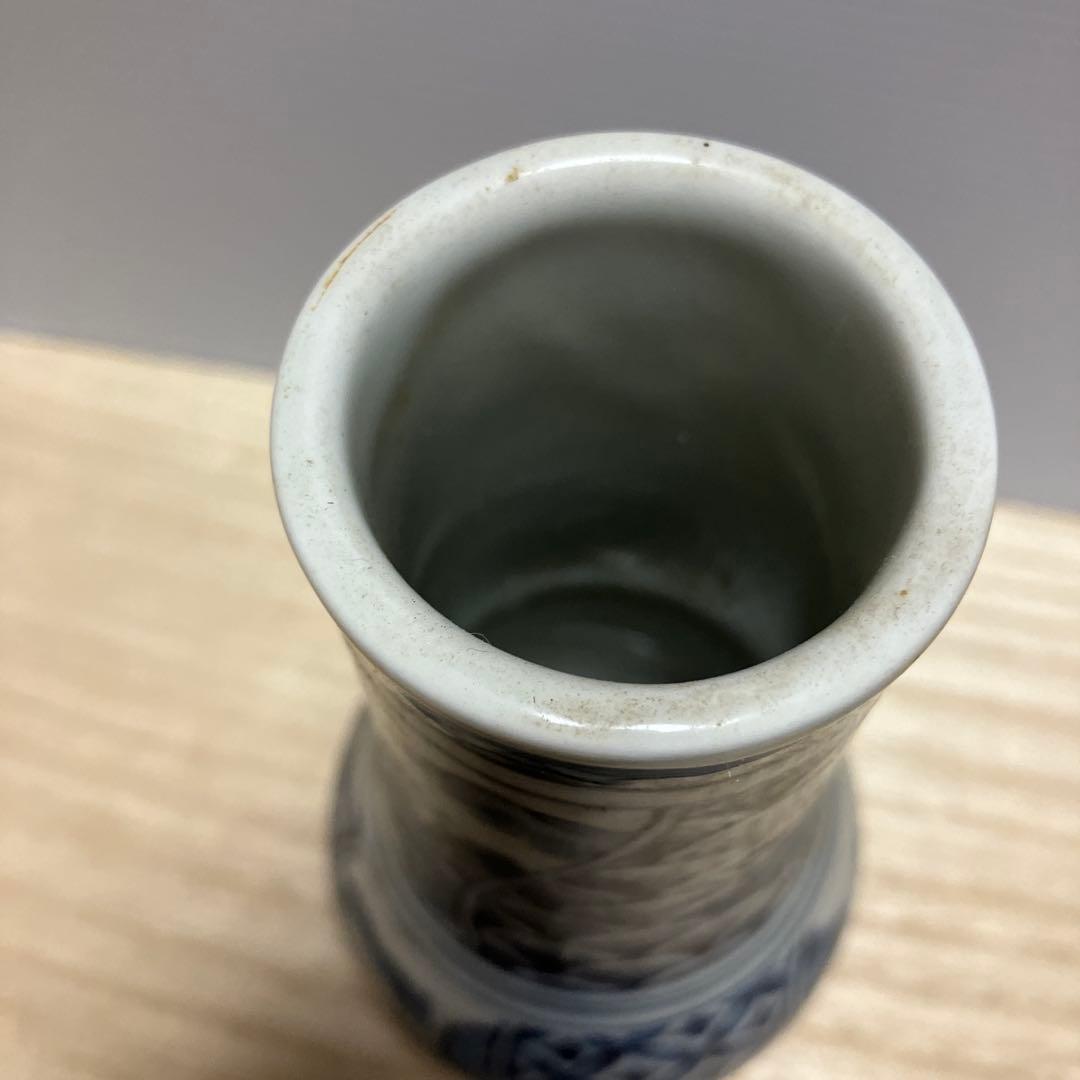 D-壁 九谷焼 染付 一輪挿し 花瓶 徳利型 楼閣山水 幾何学文様 骨董 古美術
