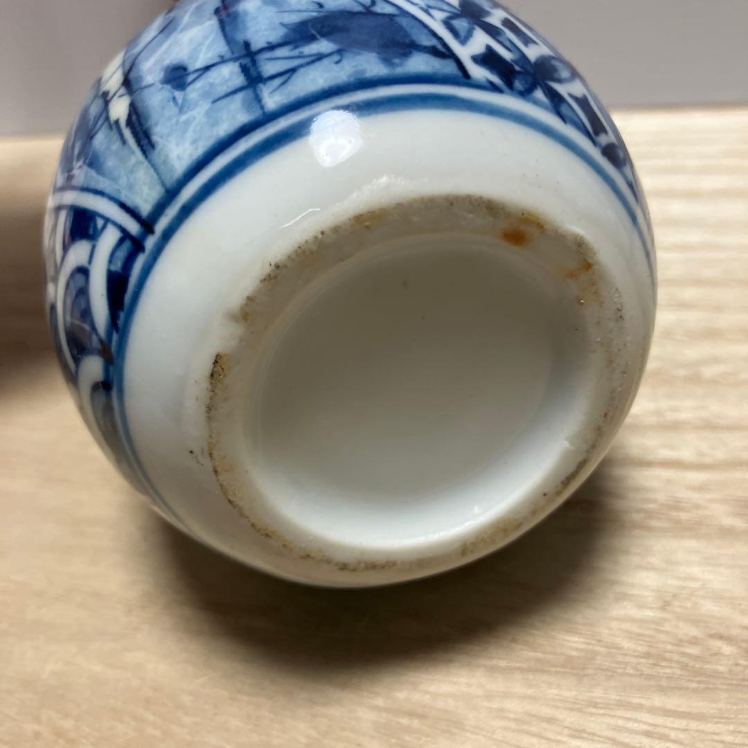 D-壁 九谷焼 染付 一輪挿し 花瓶 徳利型 楼閣山水 幾何学文様 骨董 古美術