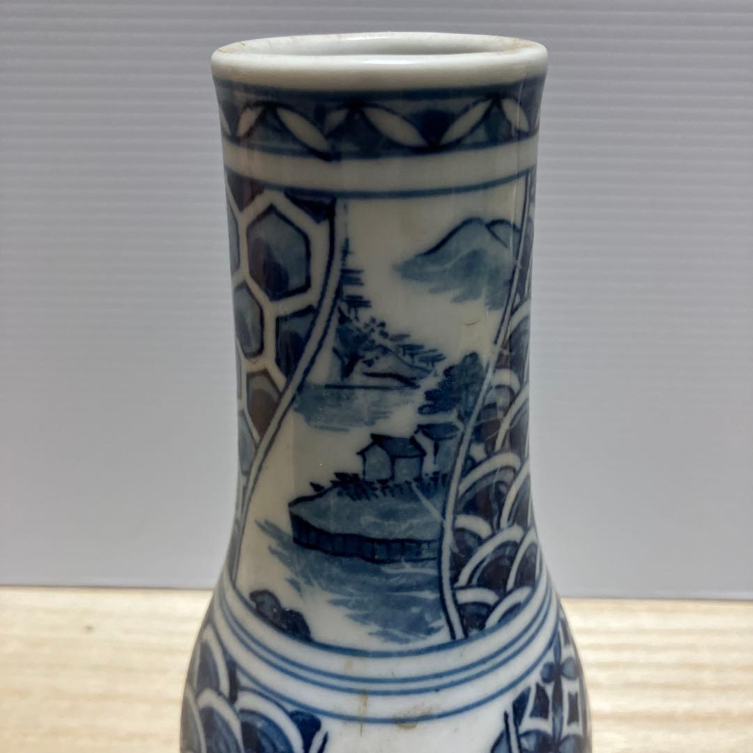 D-壁 九谷焼 染付 一輪挿し 花瓶 徳利型 楼閣山水 幾何学文様 骨董 古美術