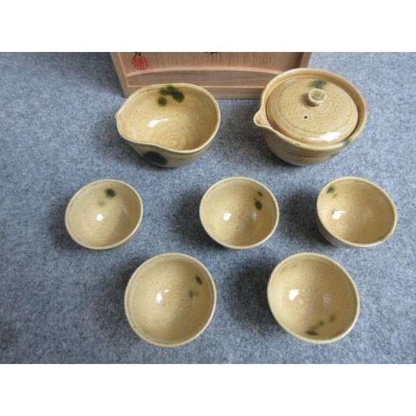 林虎男黄瀬戸煎茶器揃え共箱附き [B28586]