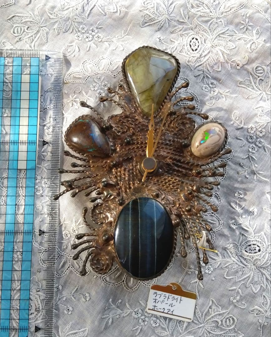 ♥天然石（宝石）掛け時計　ラブラドライト、オパール（2）オークアイ（鷹目石）