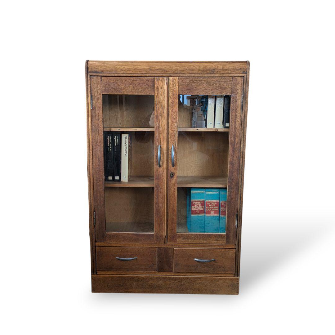 レトロ 木製ガラスキャビネット 本棚 飾り棚 引き出し付