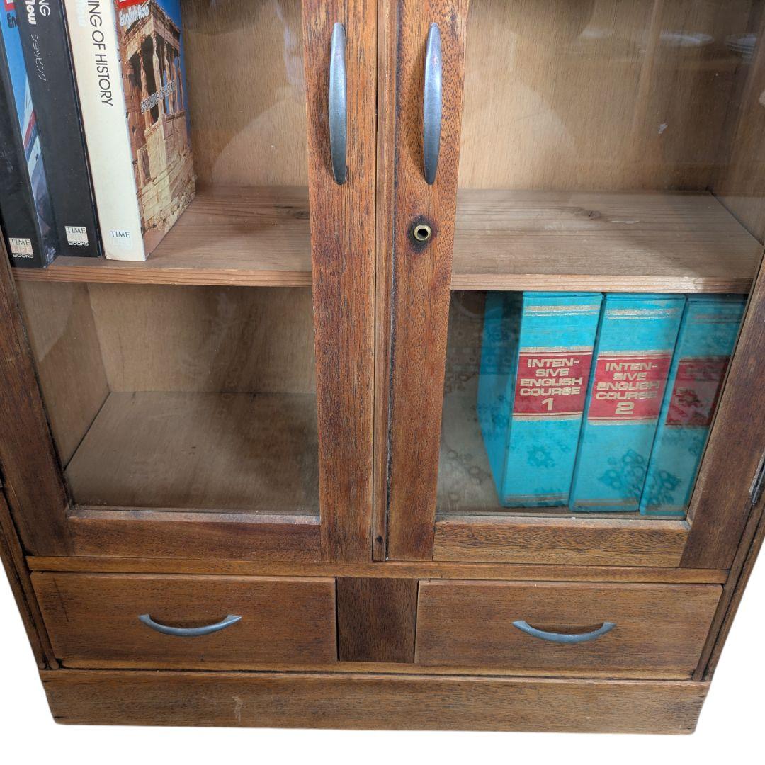 レトロ 木製ガラスキャビネット 本棚 飾り棚 引き出し付