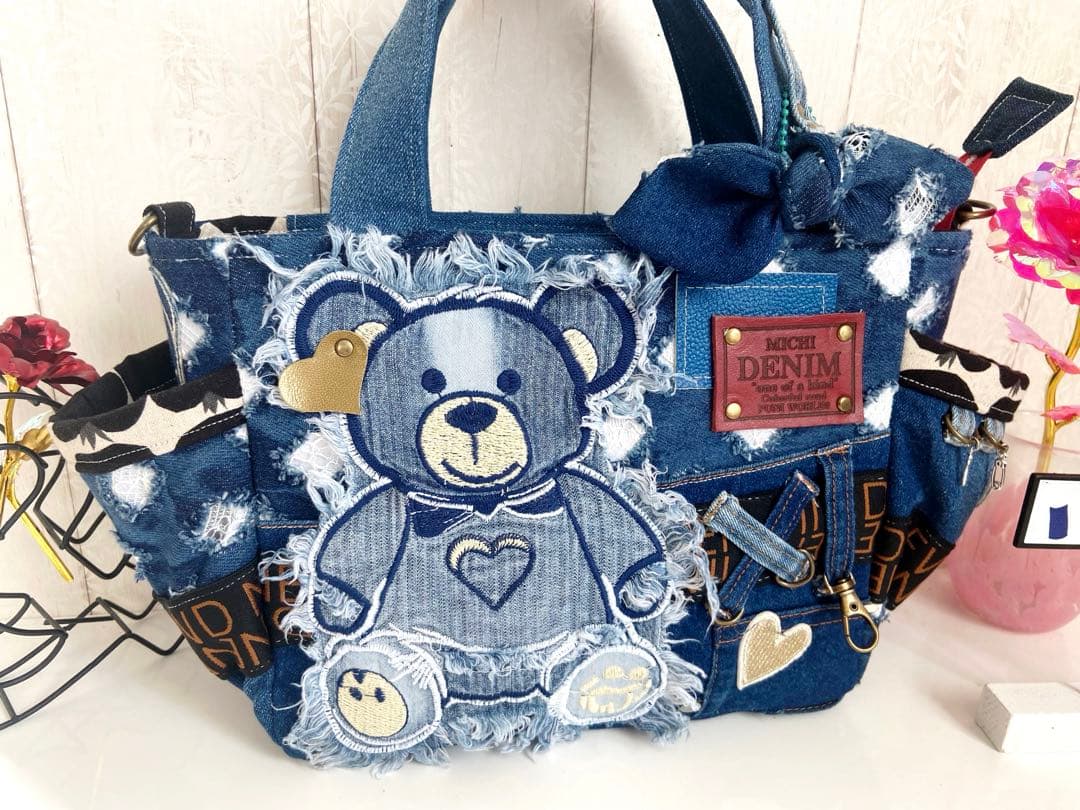 デニムリメイクバッグS レースデニム×クマ
