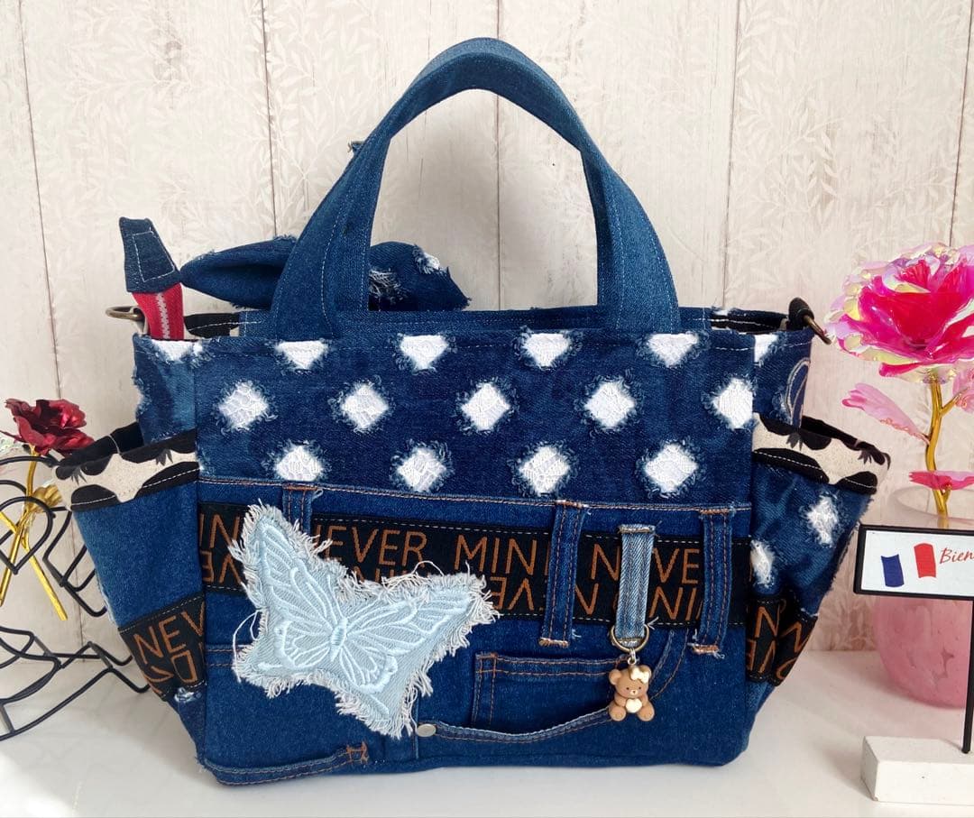 デニムリメイクバッグS レースデニム×クマ