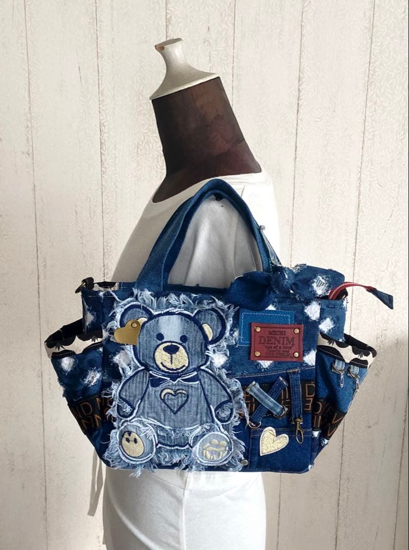 デニムリメイクバッグS レースデニム×クマ