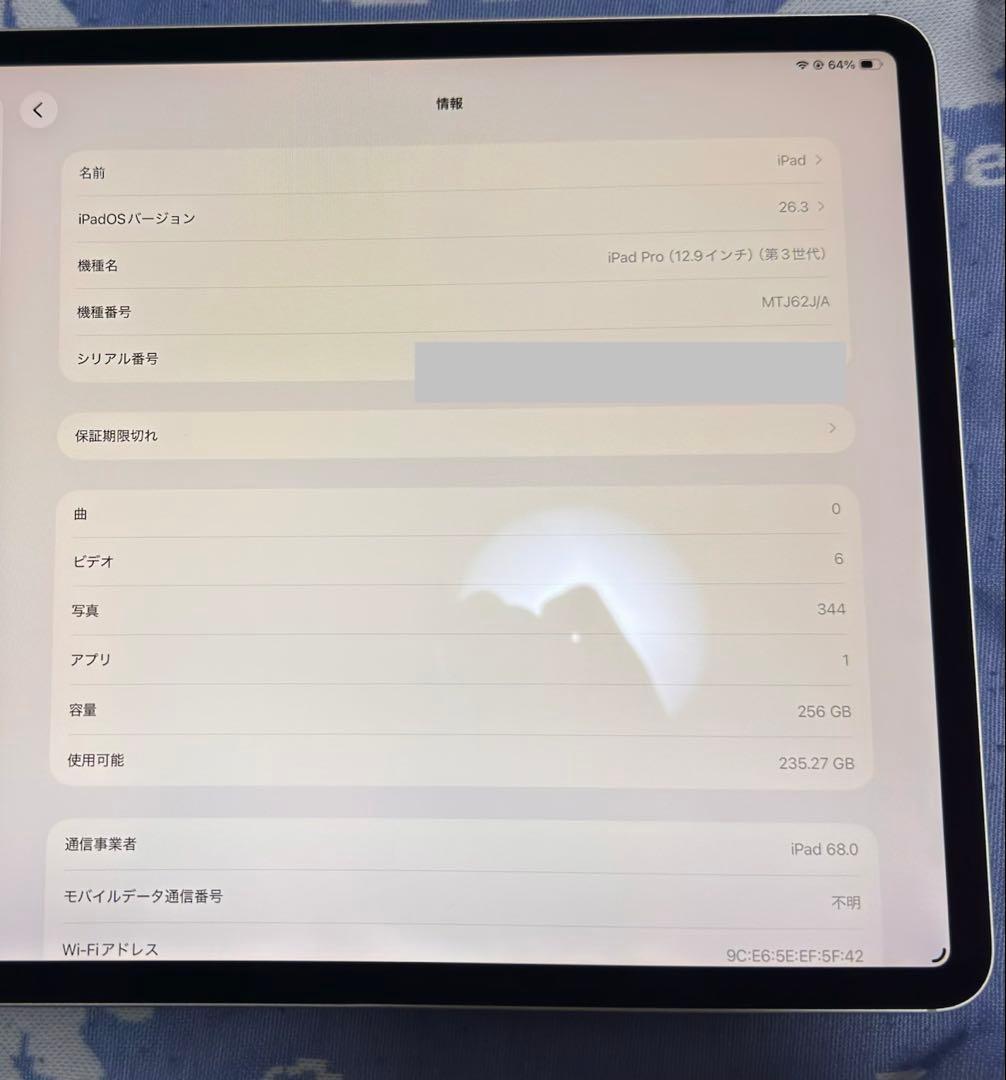 iPad Pro 第3世代12.9 インチ256G Simフリー