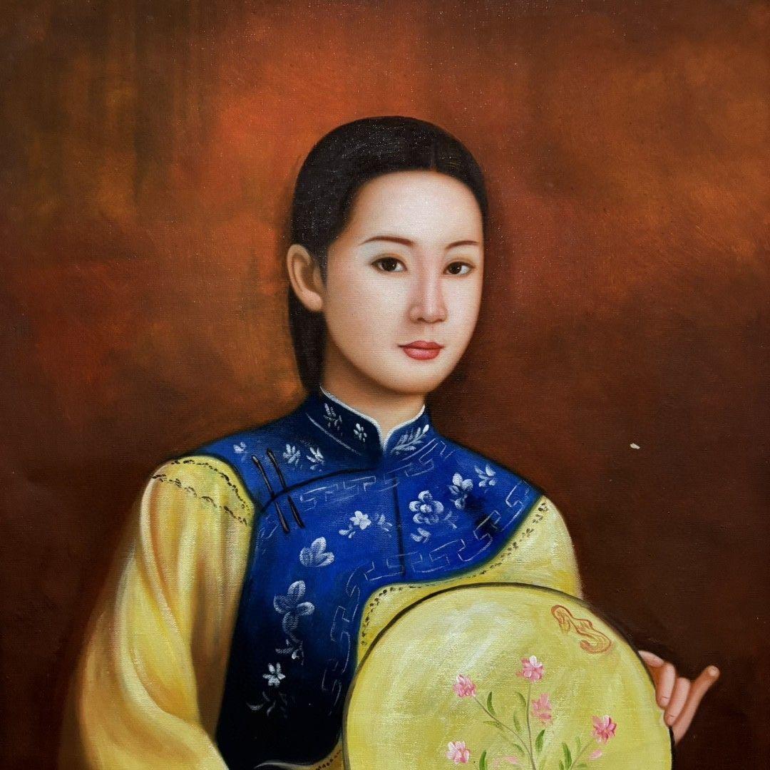 手描き 水彩油画 人物画 女性肖像 絵画 原画 約70×100cm