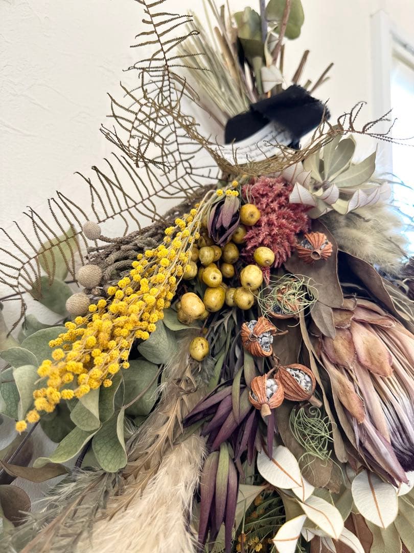 sale❗️＊プロテアとミモザのスワッグ＊ワイルドフラワー　76㌢　超特大❗️