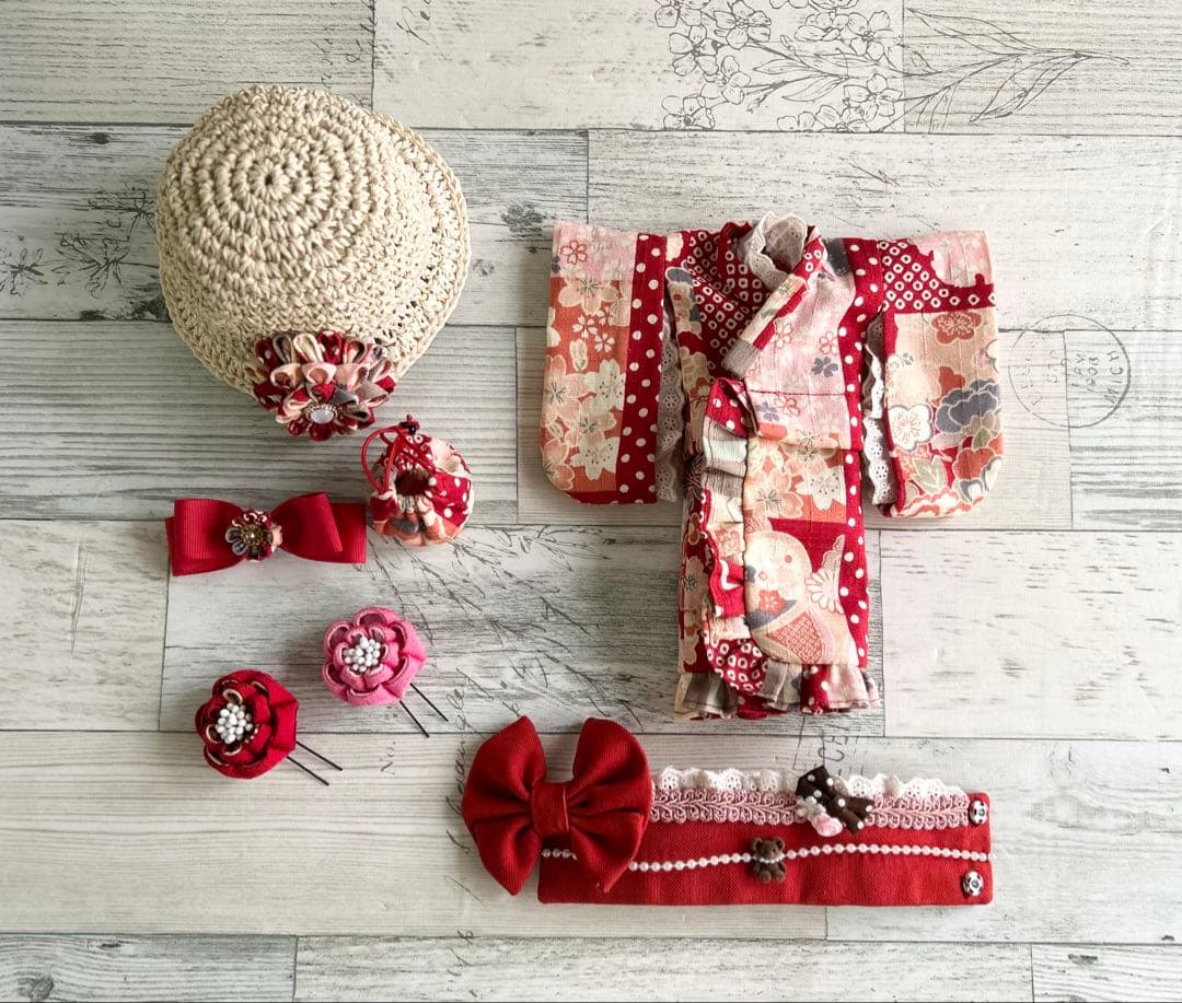 【ハンドメイド】大正浪漫お着物セット（お着物、帯 帽子、簪、バッグ）　#ブライス