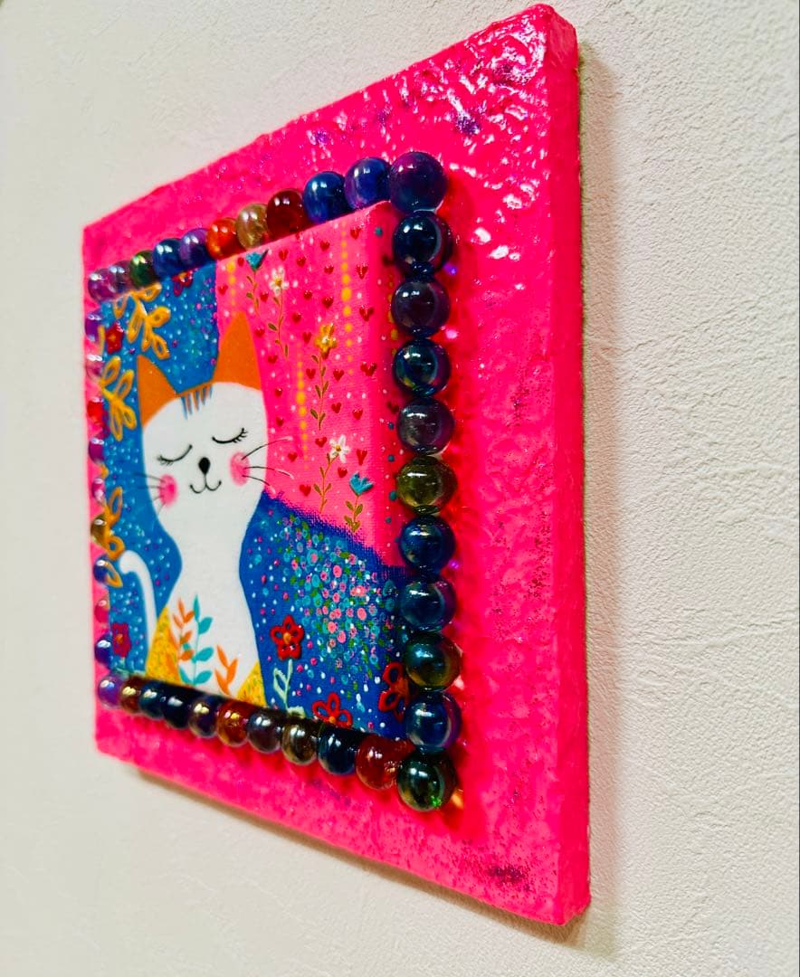 カラフルな猫の手作りビー玉アート☆アクリル画 【 白猫さんの夢みるひととき 】