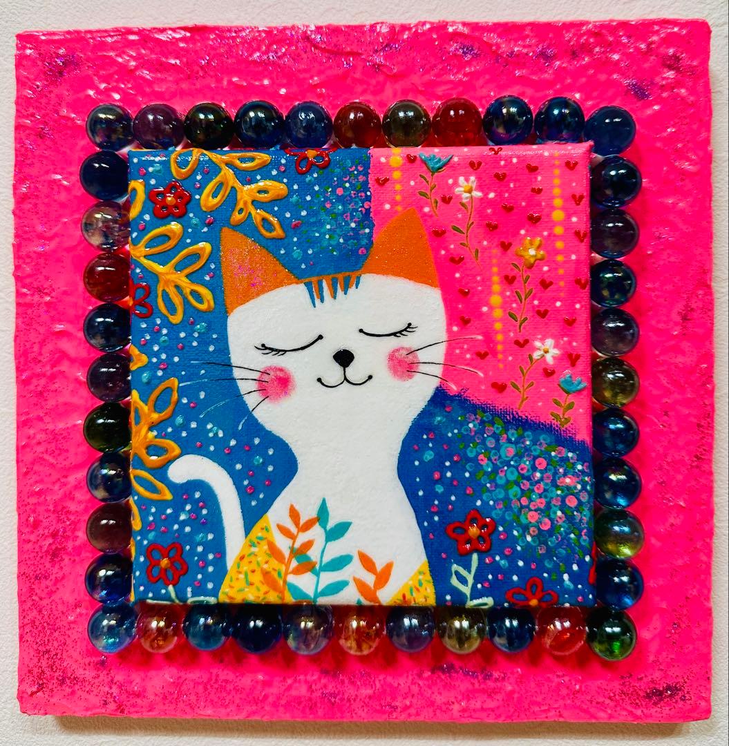 カラフルな猫の手作りビー玉アート☆アクリル画 【 白猫さんの夢みるひととき 】