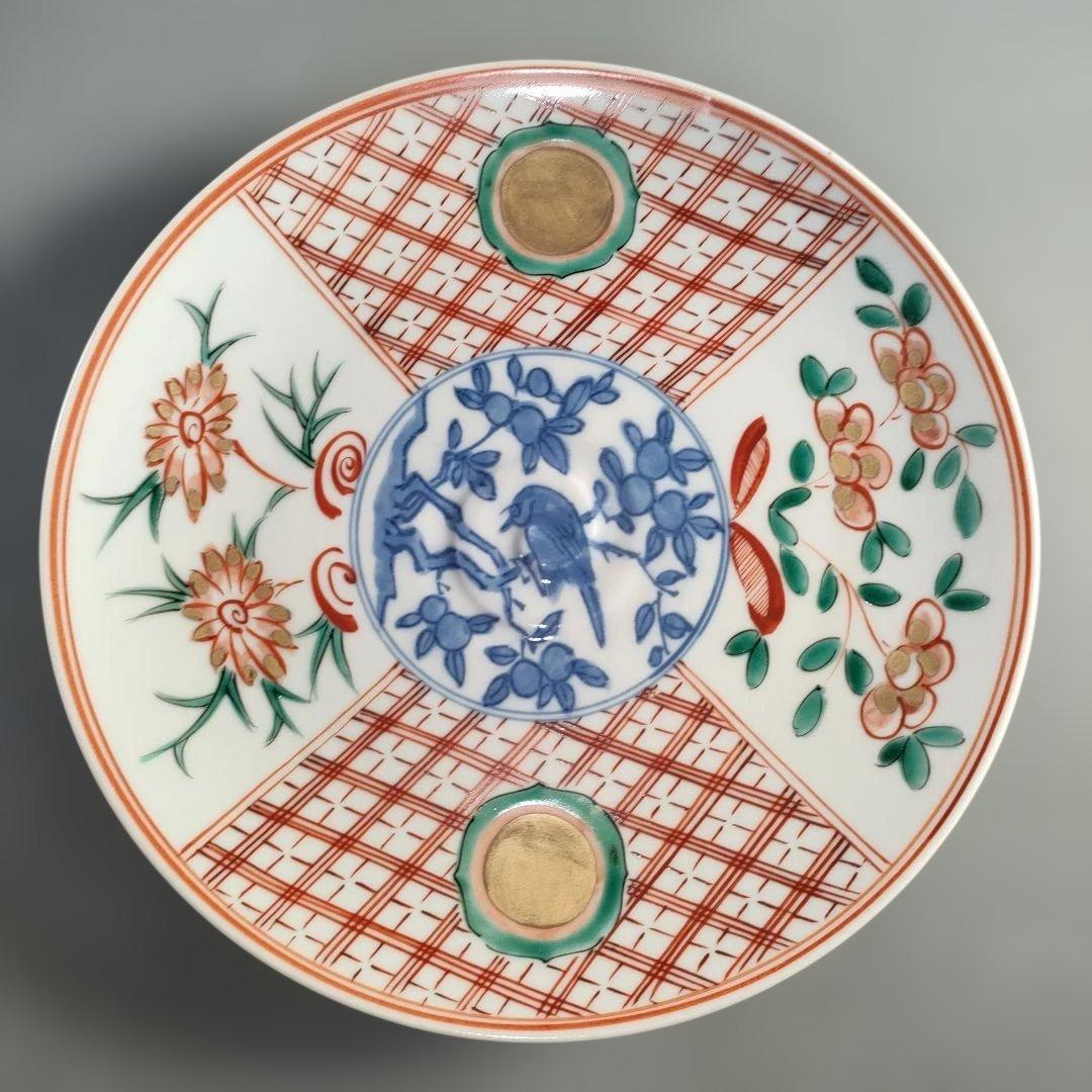 A1399-4/禎山窯/川尻一寛/呉須赤絵花鳥金彩丸紋銘々皿5客/共箱/懐石道具
