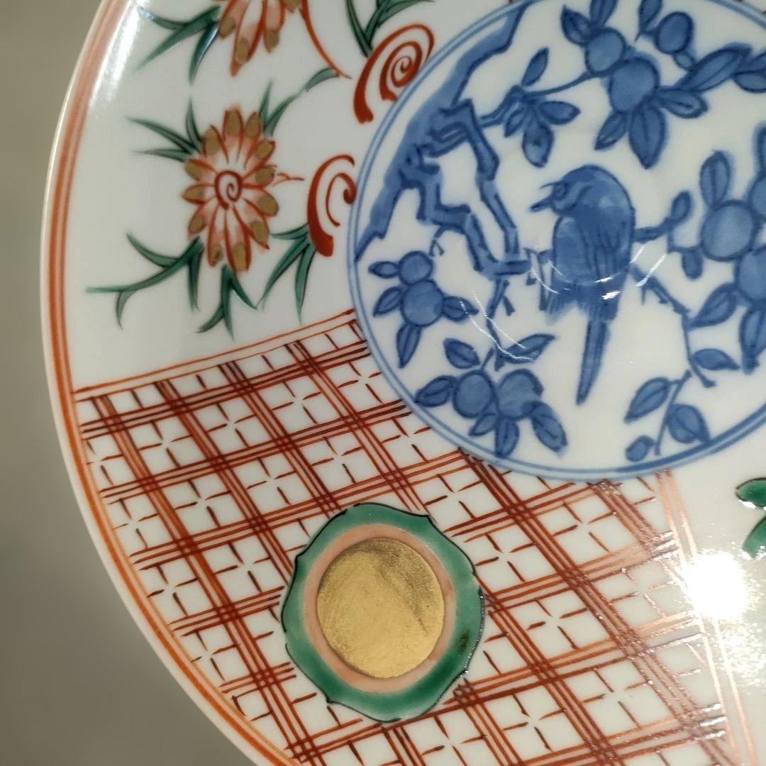 A1399-4/禎山窯/川尻一寛/呉須赤絵花鳥金彩丸紋銘々皿5客/共箱/懐石道具