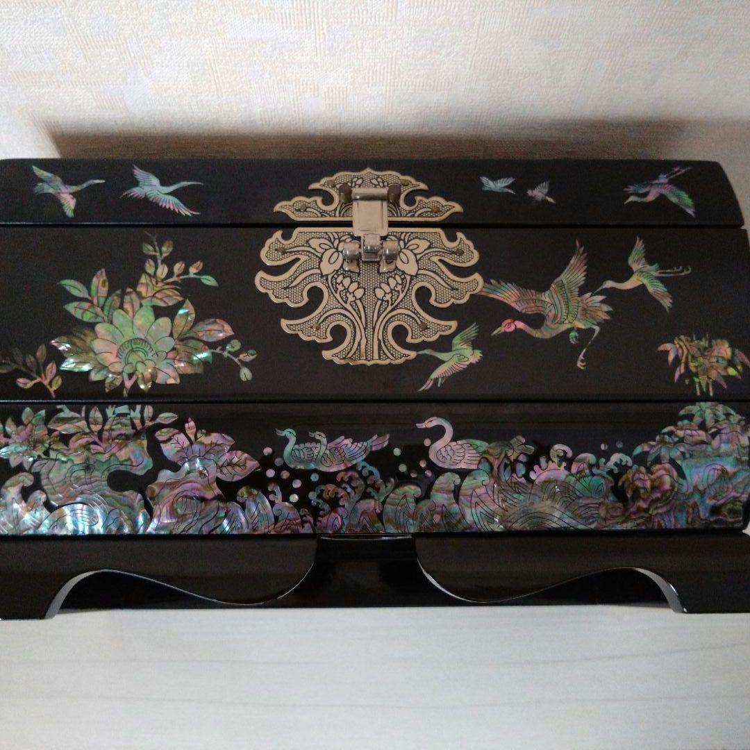 螺鈿細工　ジュエリーボックス　松　鳥　波　水鳥　花　　宝石箱3段