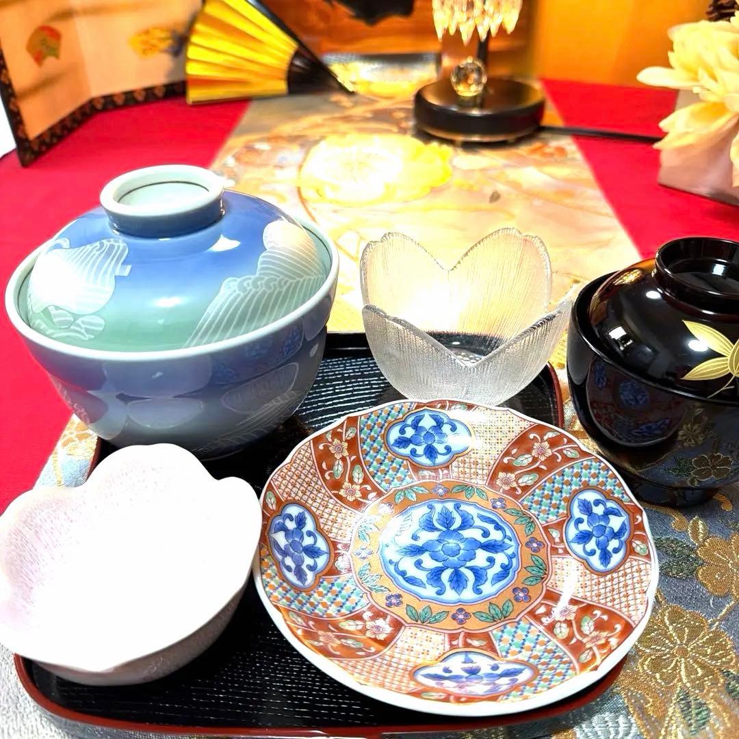 美品　ペア蓋付き小丼　庫山窯赤絵小皿　クリスタル小鉢　 No.5-23