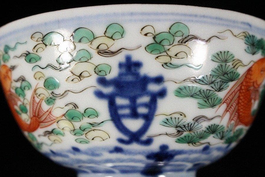 中国美術 彷古 五彩 藻草魚紋 蓋碗 乾隆款 五件 送料無料