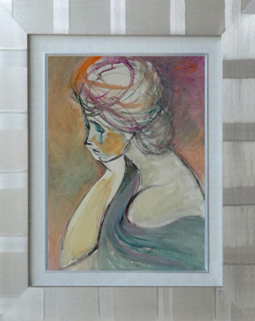 油絵 菅家令子 絵 絵画インテリア額付(青緑＋金色の枠) F6-080712女性