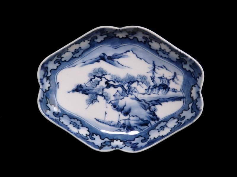 平戸　伊万里　染付　山水紋の図　菱形変形皿　５客　D272AS-fbqc