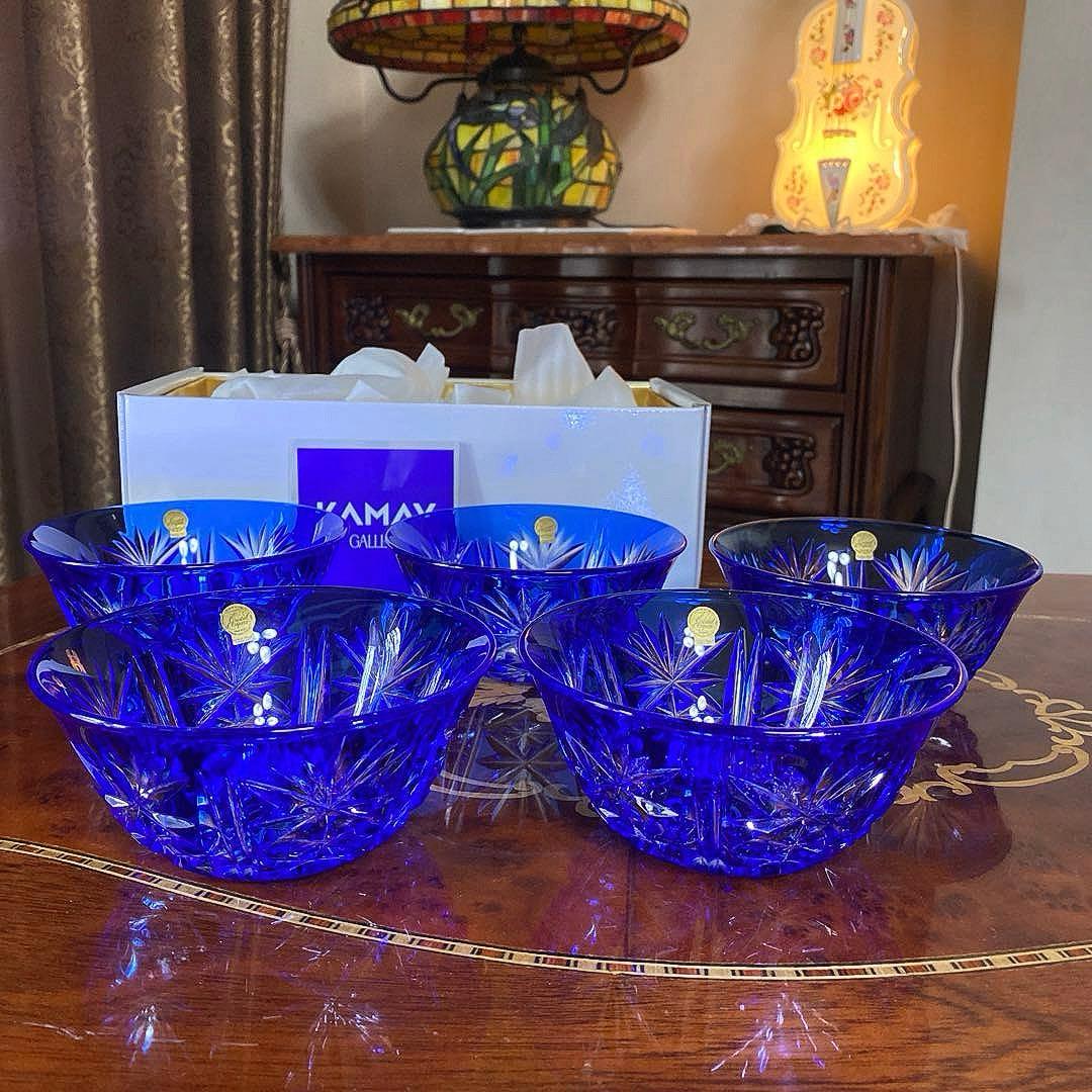 クリスタルダルク　クリスタル　カメイ　切子　小鉢　ブルー　藍色　5個