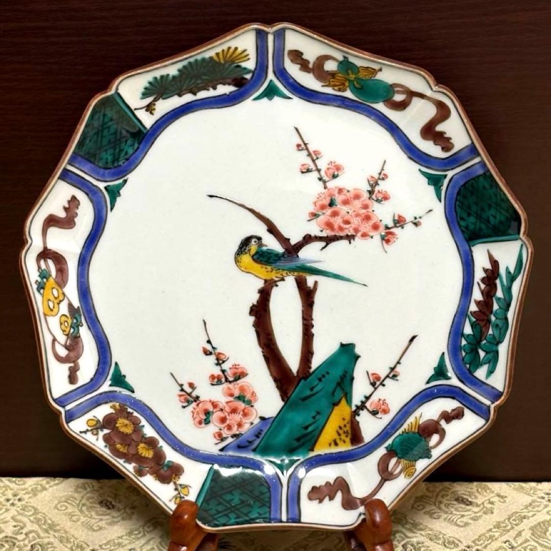 未使用保管品✨ 九谷焼 三ツ井為吉作 色絵絵変わり花鳥 輪花皿✨為吉 皿 中皿