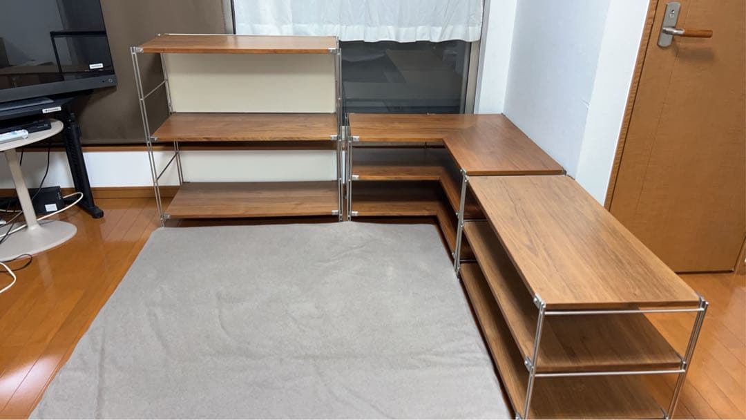 無印良品　ステンレスユニットシェルフ　ウォールナット棚板3枚　棚間4段　パネル付