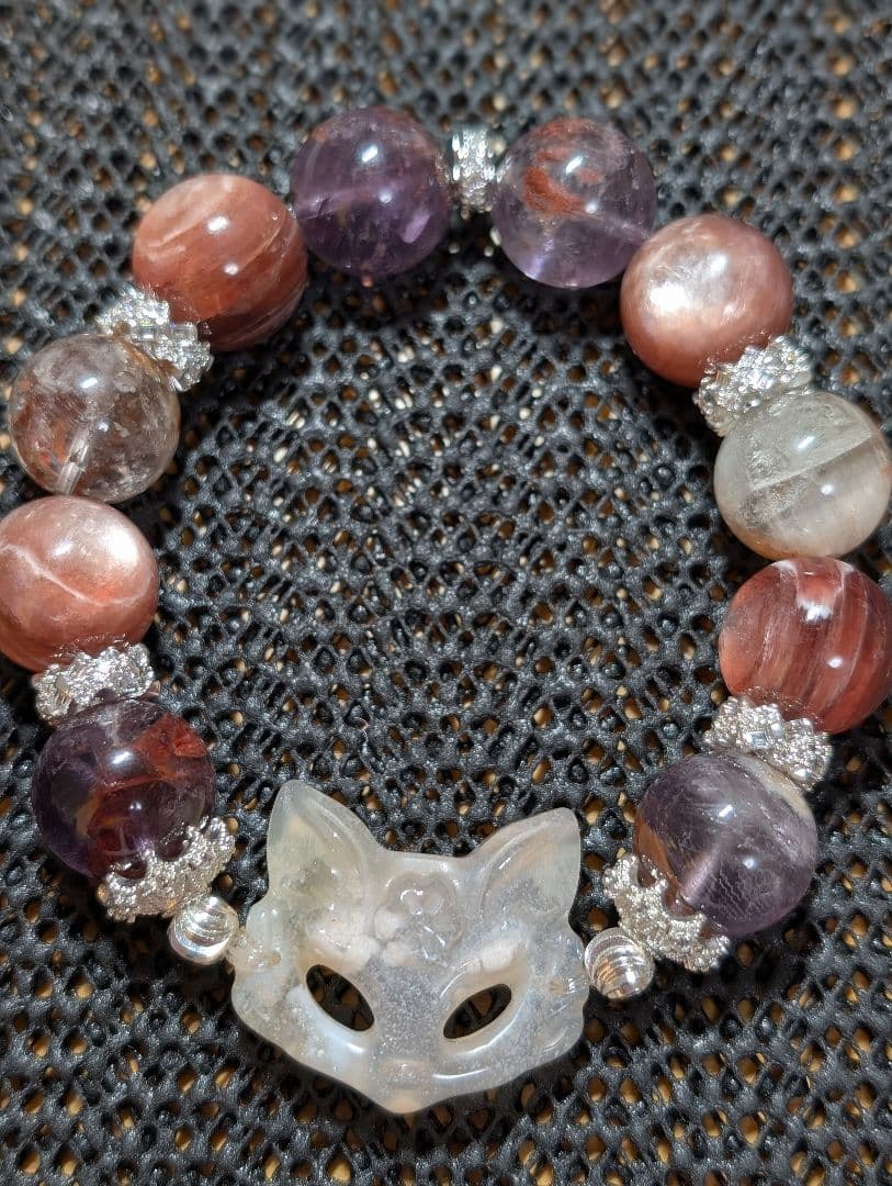 【天然石】桜瑪瑙狐面　ピンクマイカ　ガーデンアメジスト　デザインブレスレット