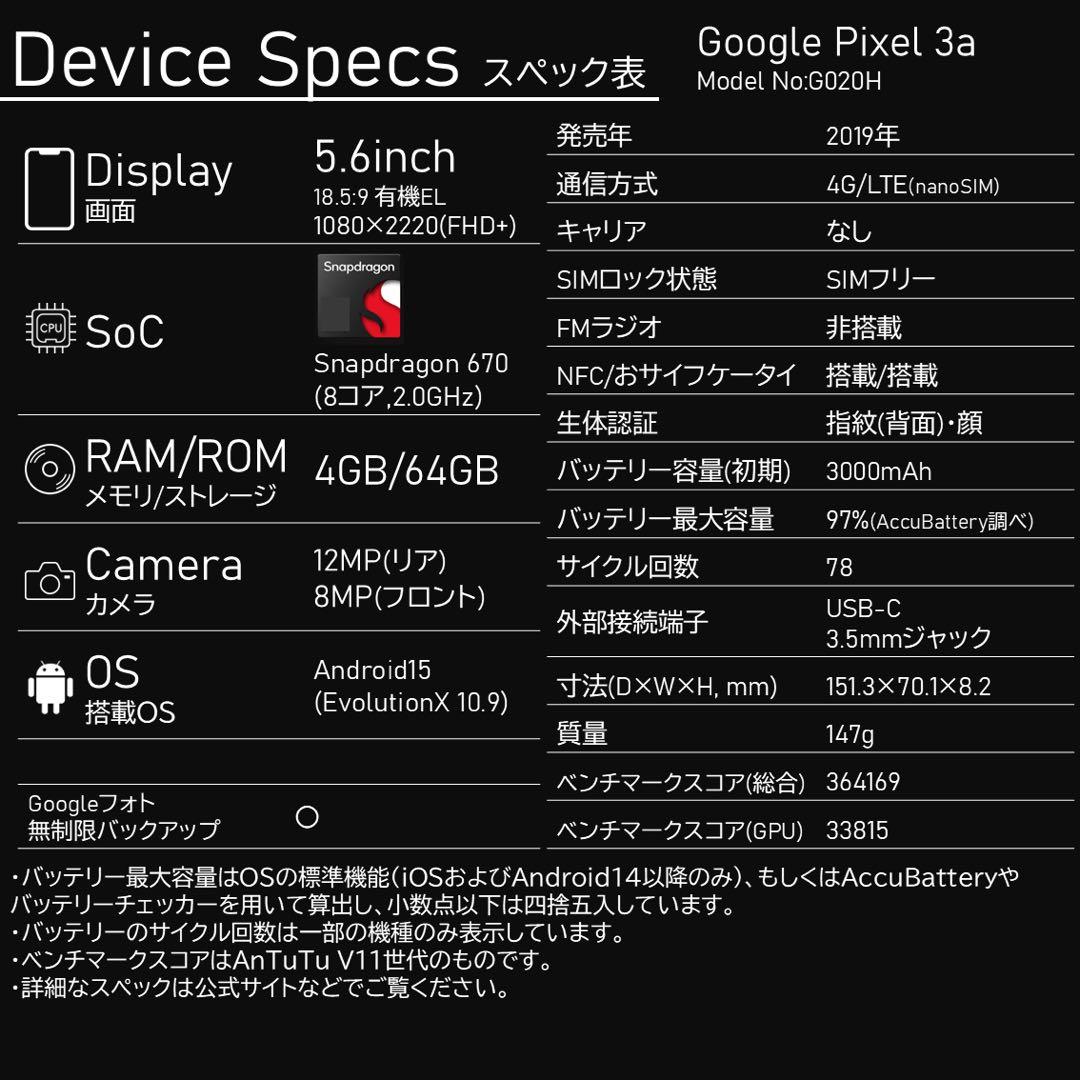 【Android15】Google Pixel 3a SIMフリー