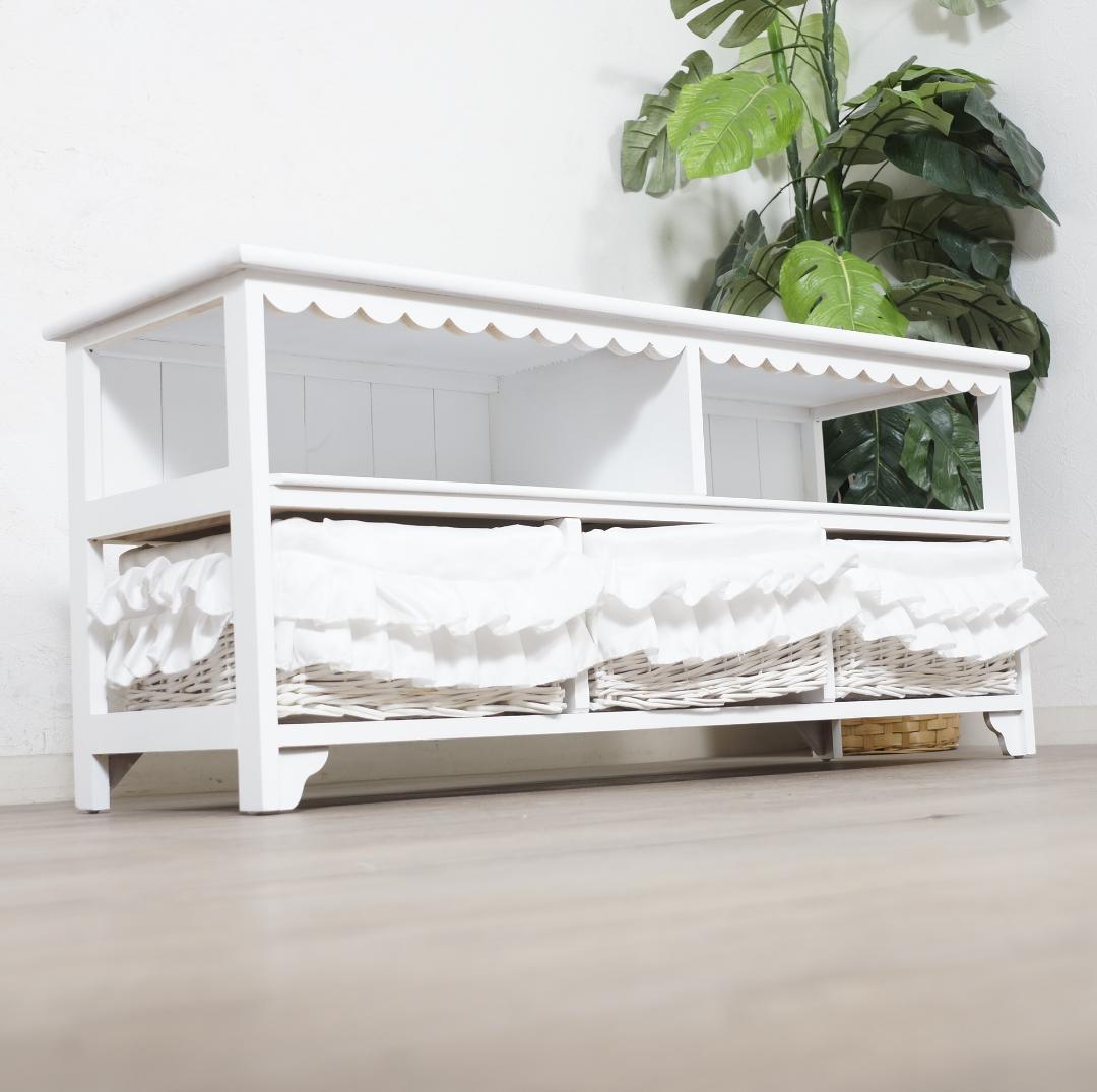 新品　フリルバスケット付き テレビ台 幅100cm 完成品 ホワイト ローボード