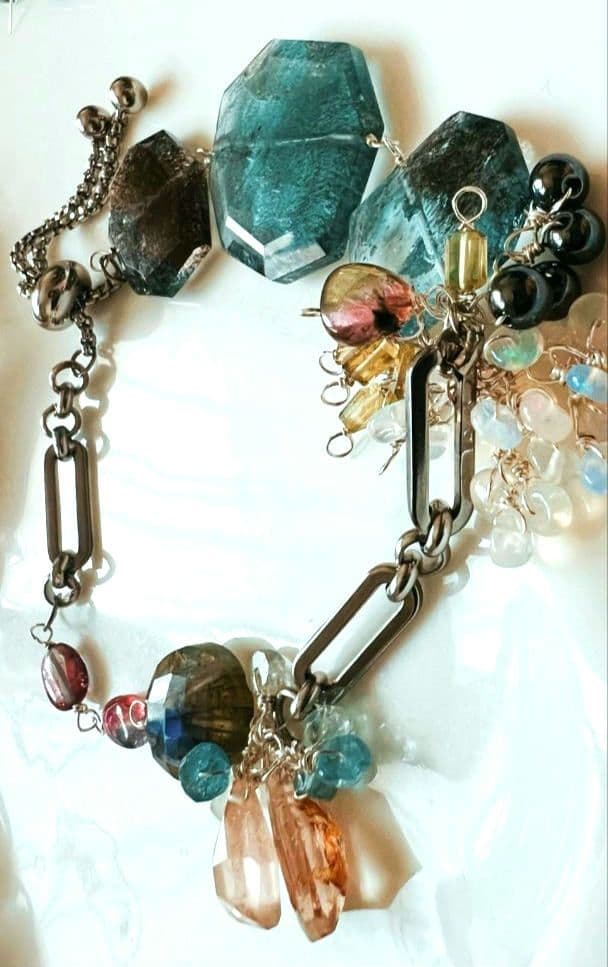 モスアクアマリンブレスレット　天然石ブレスレット　ラブラドライト　トルマリン