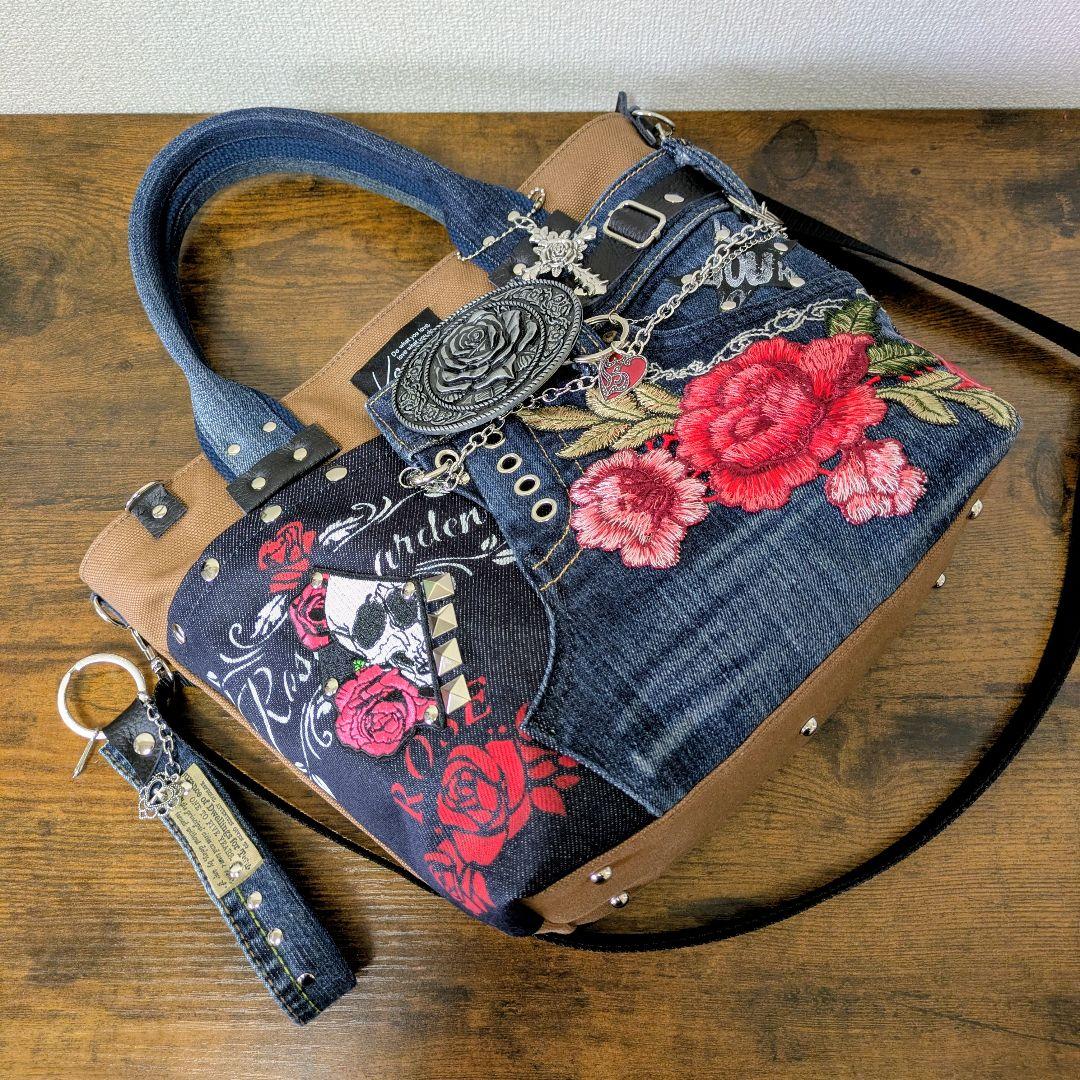 一点物 デニムリメイク 2wayバッグ 薔薇バックル スカル ゴシック ロック