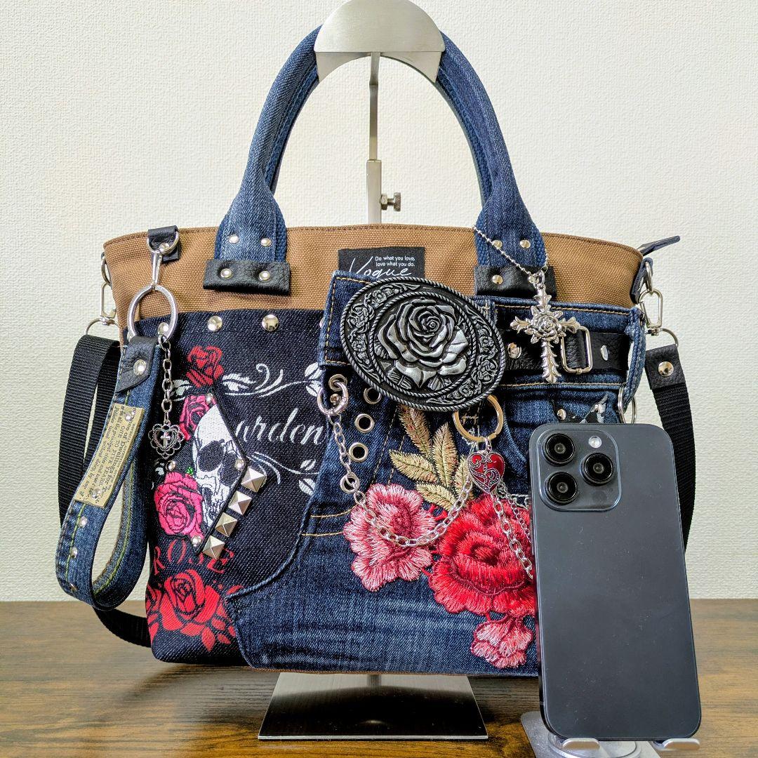 一点物 デニムリメイク 2wayバッグ 薔薇バックル スカル ゴシック ロック