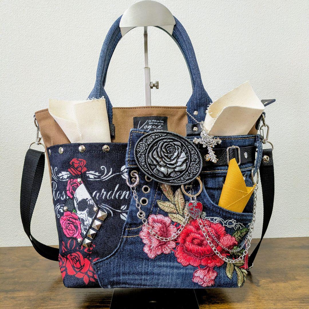 一点物 デニムリメイク 2wayバッグ 薔薇バックル スカル ゴシック ロック