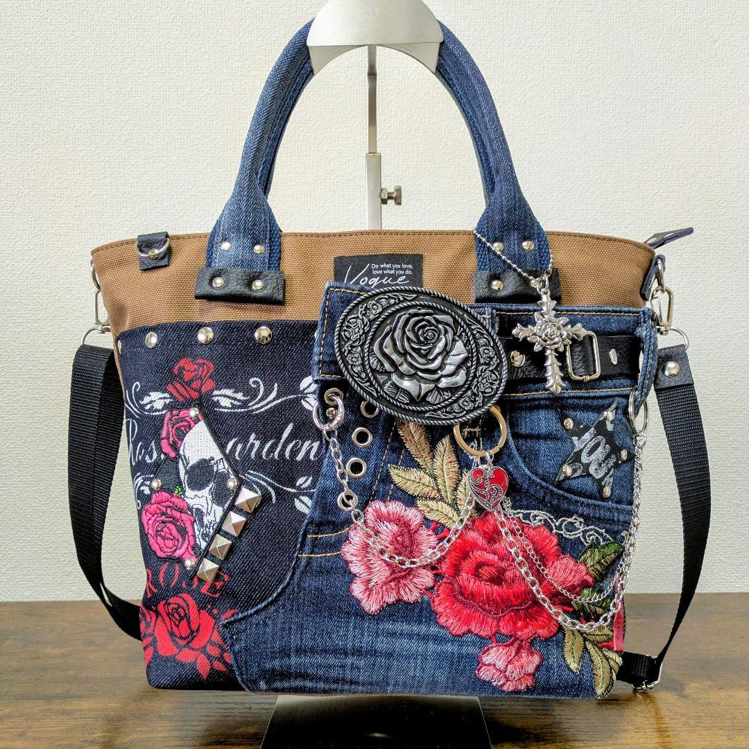 一点物 デニムリメイク 2wayバッグ 薔薇バックル スカル ゴシック ロック
